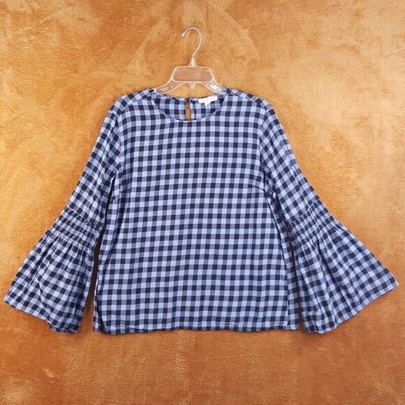 beachlunchlounge Tops - BEACH LUNCH LOUNGE Womens Top Large Blue Plaid Pullover Flannel Bell Sleeve